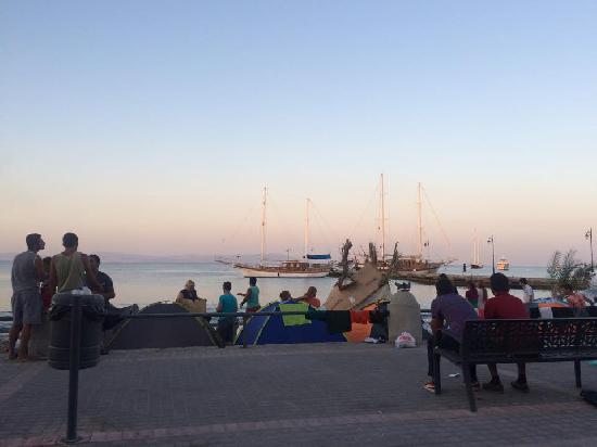 Refugees camped on wharf